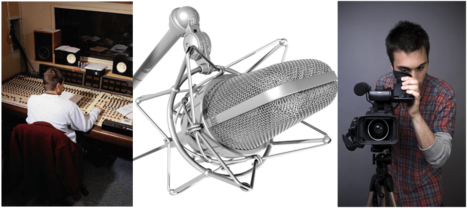 A sound engineer adjusts controls in a recording studio, alongside a close-up of a microphone and a videographer operating a camera.