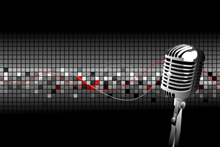Vintage microphone stands before a sound wave graphic in red and gray. This image represents music or audio-related content.