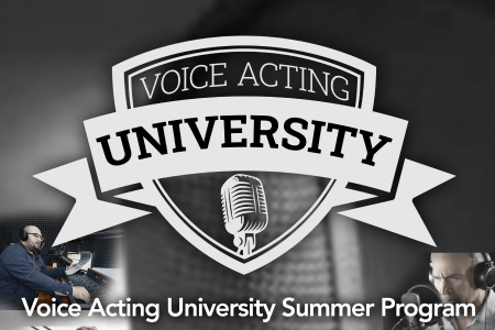 Voice Acting University promotional graphic highlighting the Summer Program, featuring a logo with a microphone and images of students engaged in voice acting.